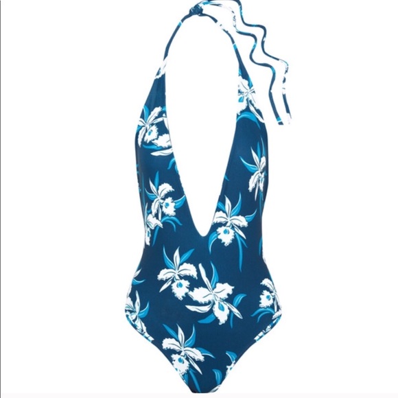 NWOT Mikoh Hinano High Cut Blue Tropical Floral Scoop Back w Deep Front Plunge - Picture 2 of 4